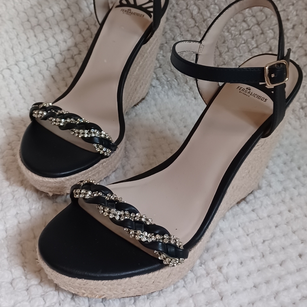 Fergalicious Wedge black silver and gems buckle open toe sandle women size 9